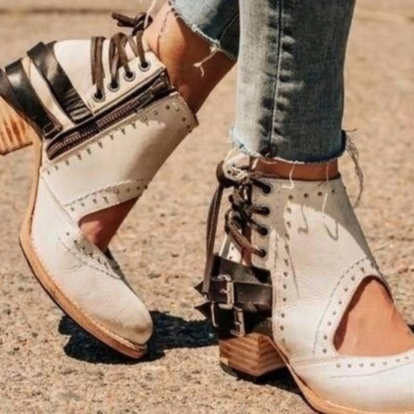 freebird Shoes - freebird White Cutout Lace-Up Ankle Booties with Brown Accents